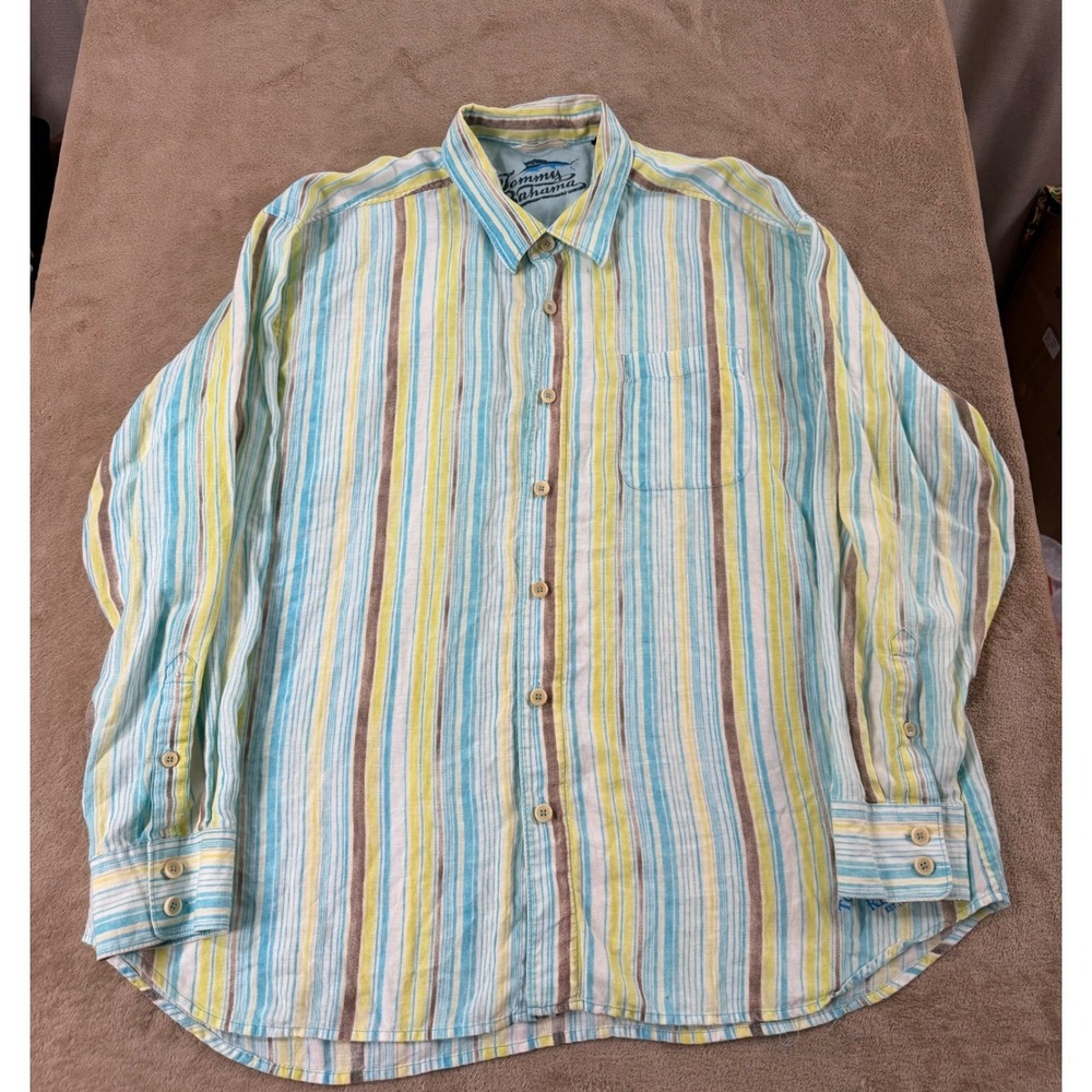 Tommy Bahama Linen shirt mens size 2XL Striped Long Sleeve Button Up EUC